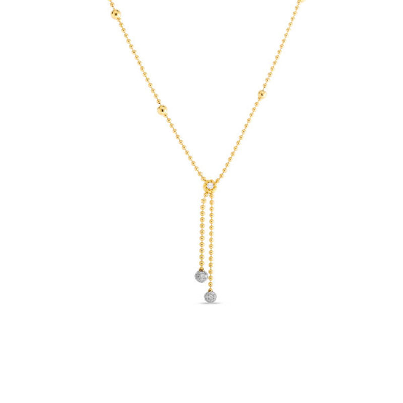 Roberto Coin 18K Yellow and White Gold Designer Gold Alternating Bead with Double Diamond Drop Necklace image number 0