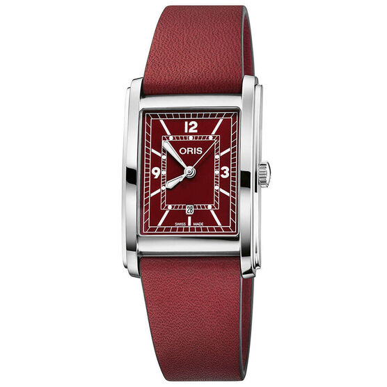 Oris Rectangular Red Leather Steel Watch, 25.5 x 38mm