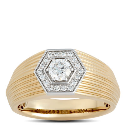 Hexagon Ring with Round Diamonds and Ribbed Shank, 0.66 Total Carat Weight, 18K Yellow Gold