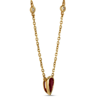 Pear Shaped Ruby Pendant Necklace with Round Accent Diamonds, 14K Yellow Gold