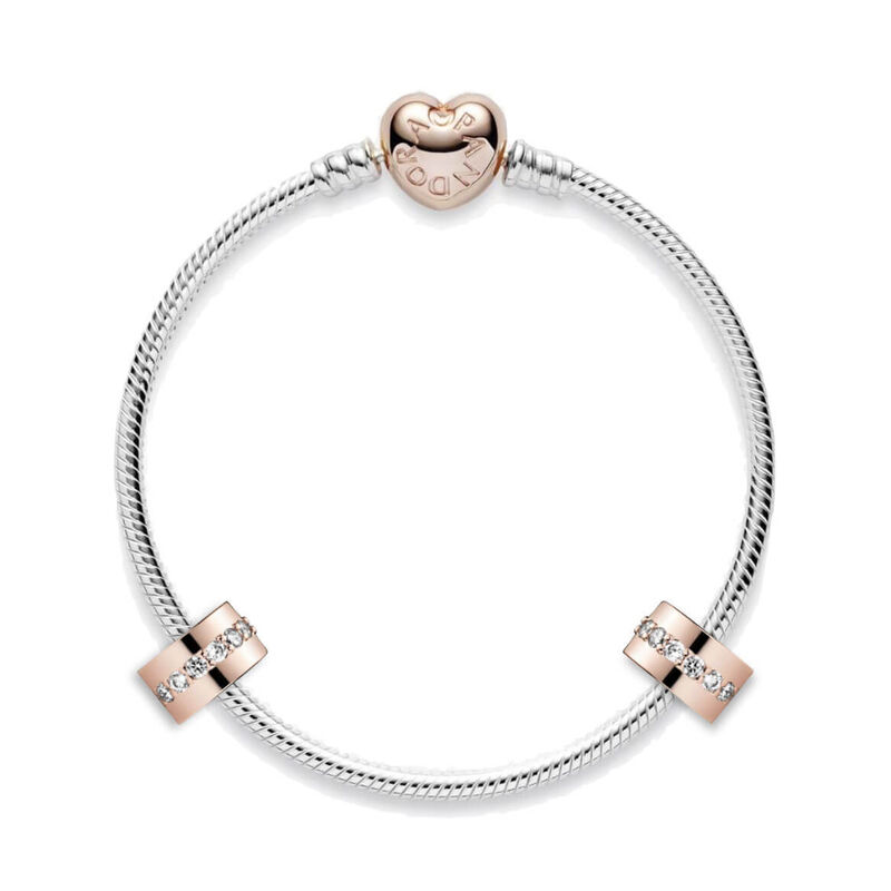 Pandora Iconic Rose Gold Heart Clasp Bracelet & CZ Clips Gift Set with Free Charm image number 3