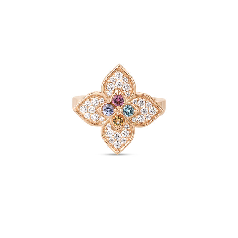 Roberto Coin 18k Rose Gold Venetian Princess Carnival Pave Diamond & Mixed Stones Large Flower Ring image number 0