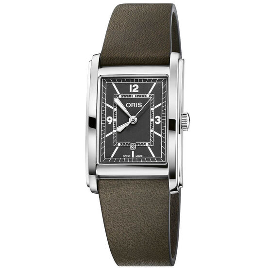 Oris Rectangular Anthracite Leather Steel Watch, 25.5 x 38mm