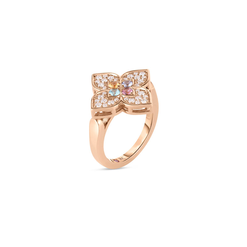 Roberto Coin 18k Rose Gold Venetian Princess Carnival Pave Diamond & Mixed Stones Large Flower Ring image number 1