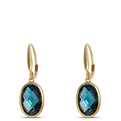 Oval Blue Topaz Dangle Earrings In 14K Yellow Gold