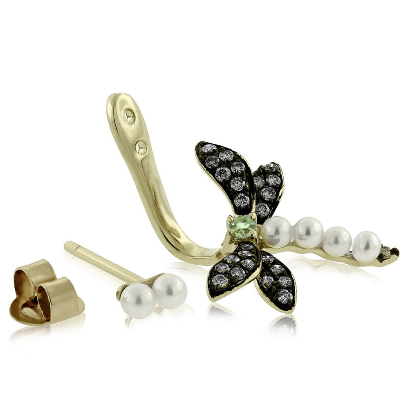 Brown Diamond, Peridot & Pearl Dragonfly Earrings 14K image number 1