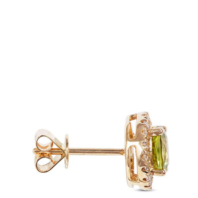 Round Cut Peridot and Diamond Halo Earrings, 14K Yellow Gold