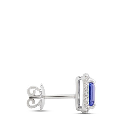 Emerald Cut Tanzanite and Diamond Studs, 14K White Gold