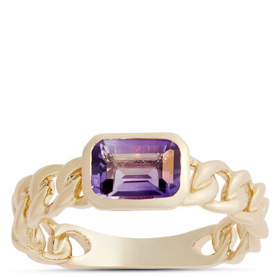 Emerald Cut Amethyst Linked Shank Ring, 14K Yellow Gold