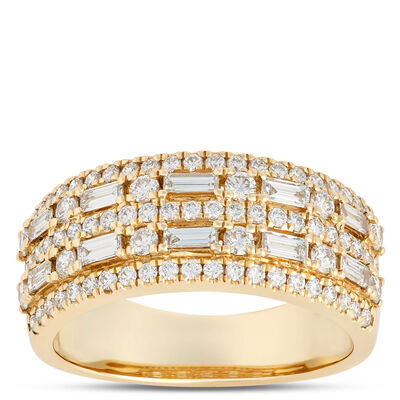 Round and Baguette Diamond Ring, 1 Carat Total Weight, 14K Yellow Gold