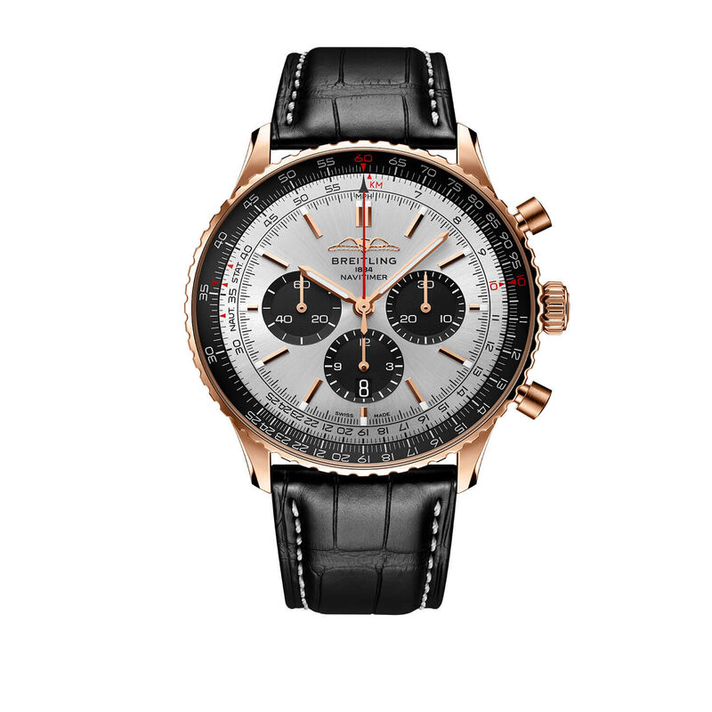 Breitling Navitimer B01 Chronograph Watch 18k Red Gold Case Silver Dial Black Leather Strap, 46mm image number 1
