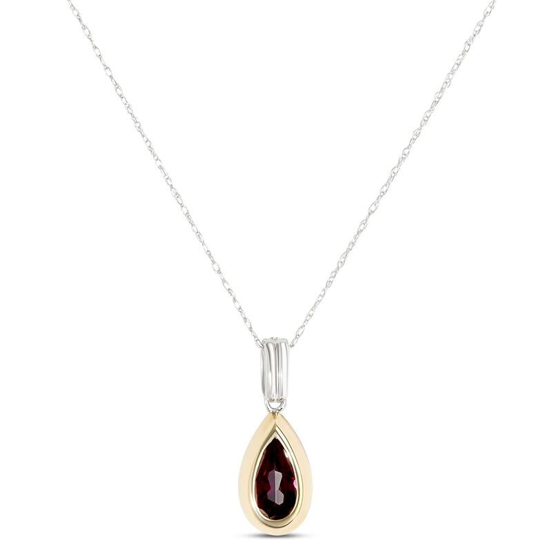 Bezel Set Pear Shaped Rhodolite Pendant, 14K White and Yellow Gold image number 1