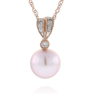 Rose Gold Freshwater Cultured Pearl & Diamond Pendant 14K