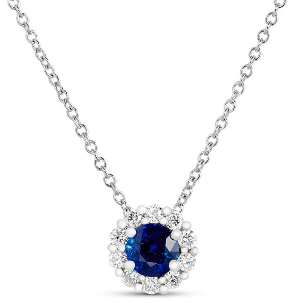 Round Cut Sapphire and Diamond Halo Pendant Necklace, 14K White Gold