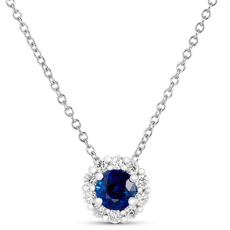Round Cut Sapphire and Diamond Halo Pendant Necklace, 14K White Gold image number 0