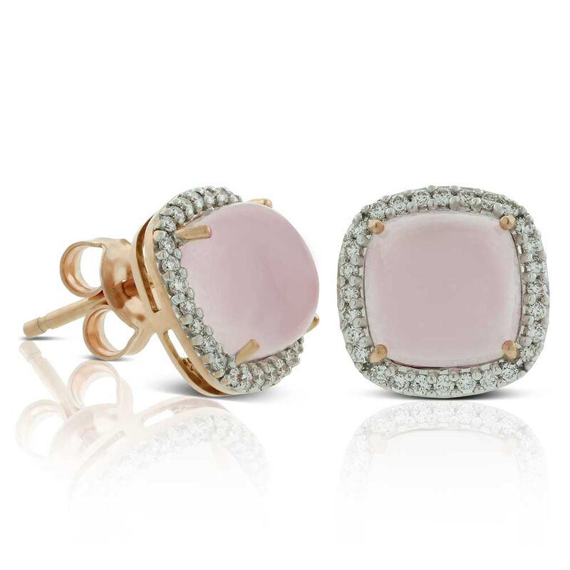 Cabochon Rose Quartz & Diamond Earrings 14K image number 0
