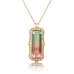 Rectangular Bicolor Tourmaline & Diamond Necklace 14K