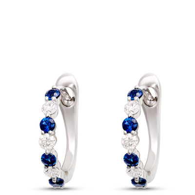 Sapphire and Round Diamond Hoops, 14K White Gold