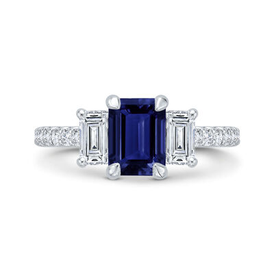 Bella Ponte 3-Stone Emerald Cut Sapphire and Diamond Engagement Ring, 14K White Gold