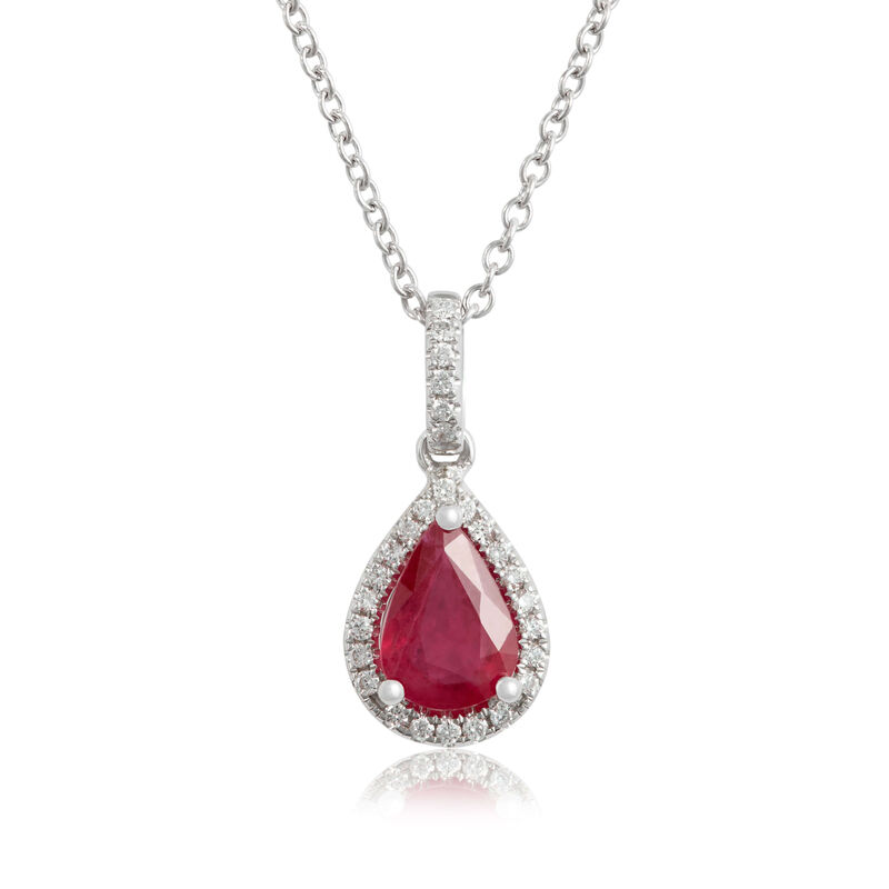 Pear Ruby & Diamond Halo Drop Necklace 14K image number 0
