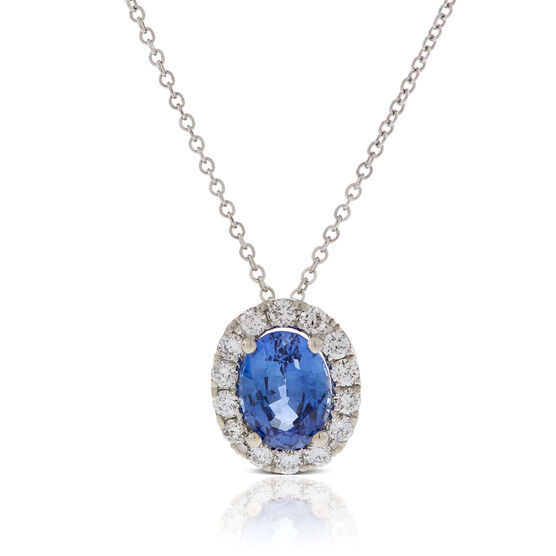Oval Sapphire & Diamond Halo Necklace 14K