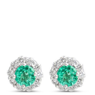 Emerald Stud Earrings with Diamond Halo, 14K White Gold