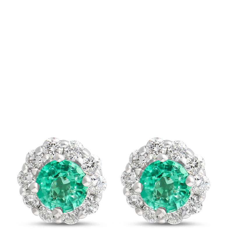 Emerald Stud Earrings with Diamond Halo, 14K White Gold image number 0