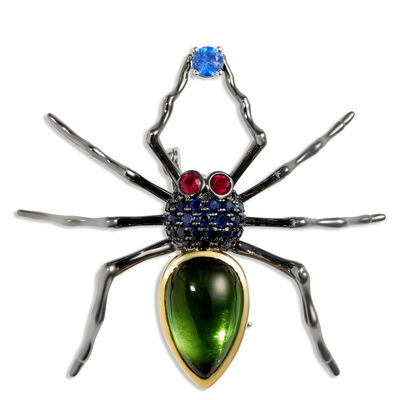 Spider Brooch with Sapphire, Tourmaline, and Ruby Gemstones, 18K White and Yellow Gold