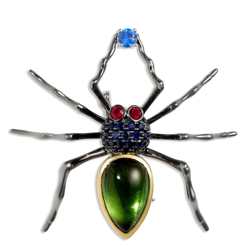 Spider Brooch with Sapphire, Tourmaline, and Ruby Gemstones, 18K White and Yellow Gold image number 0