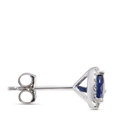 Classic Round Sapphire and Diamond Halo Studs, 14K White Gold