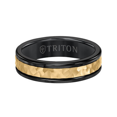 TRITON Custom Comfort Fit Hammered Band in Black Tungsten & 14K, 6 mm
