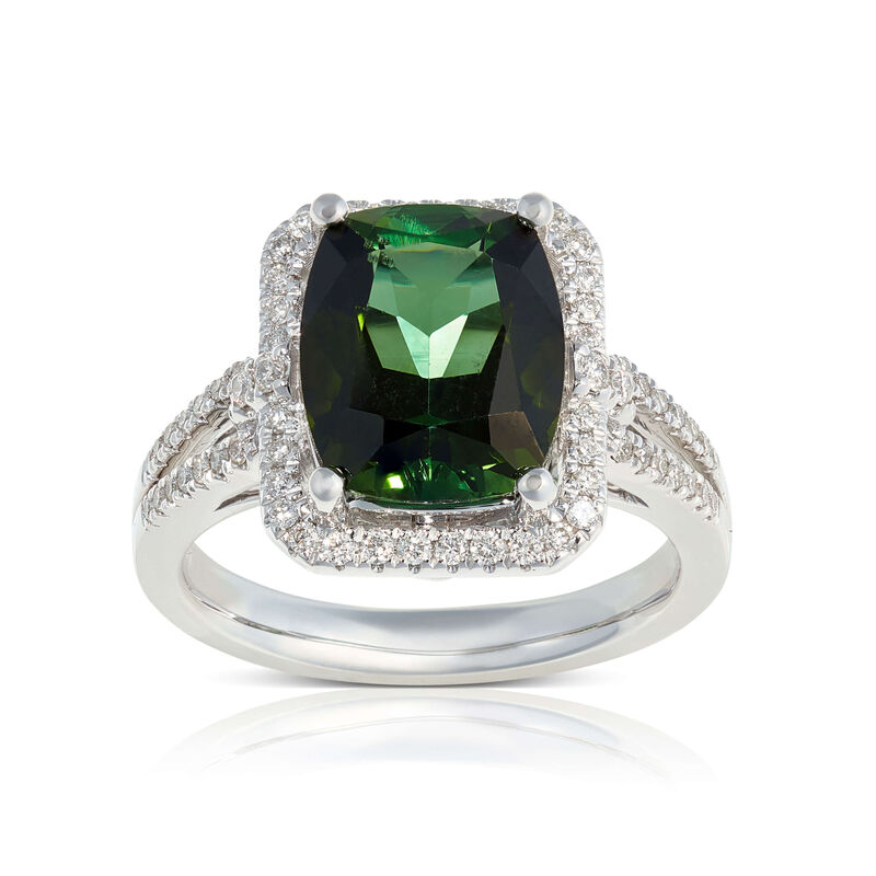 Cushion Green Tourmaline & Diamond Halo Ring 14K image number 0