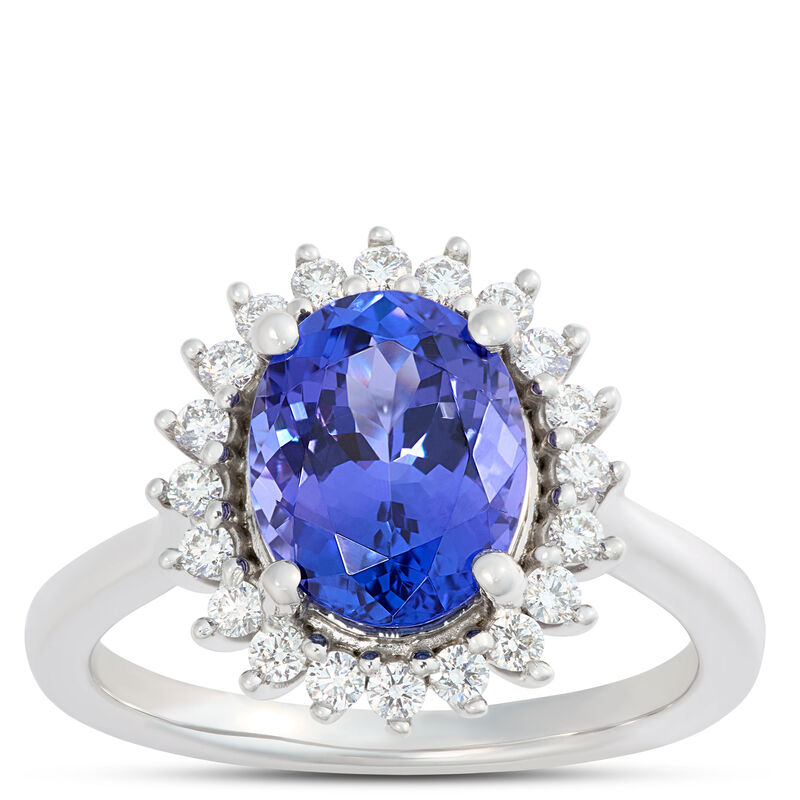Oval Tanzanite and Diamond Halo Ring, 14K White Gold image number 0
