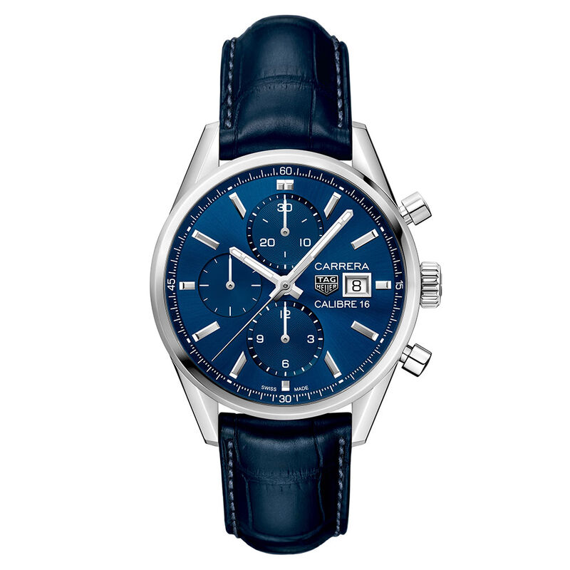 TAG Heuer Carrera Calibre 16 Automatic Mens Blue Alligator Chronograph Watch image number 0