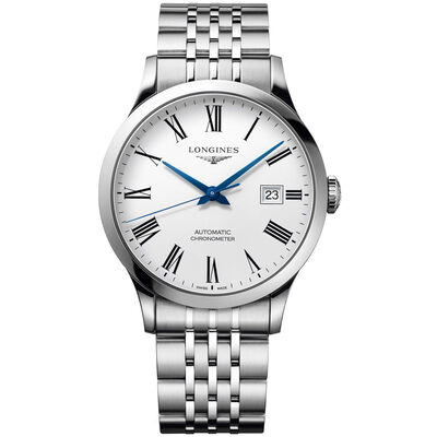 Longines Record Chronometer Watch White Dial Steel Bracelet, 40mm