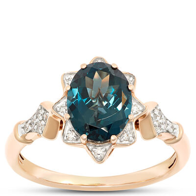 Oval Blue Topaz and Diamond Ring, 1/10 Total Carat Weight, 14K Rose Gold
