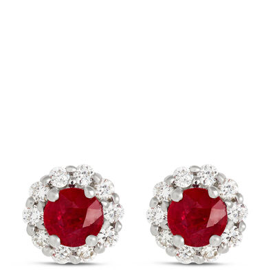 Ruby Studs with Diamond Halo, 14K White Gold