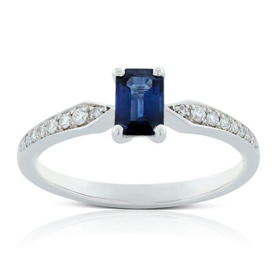 Emerald Cut Sapphire & Diamond Ring 14K