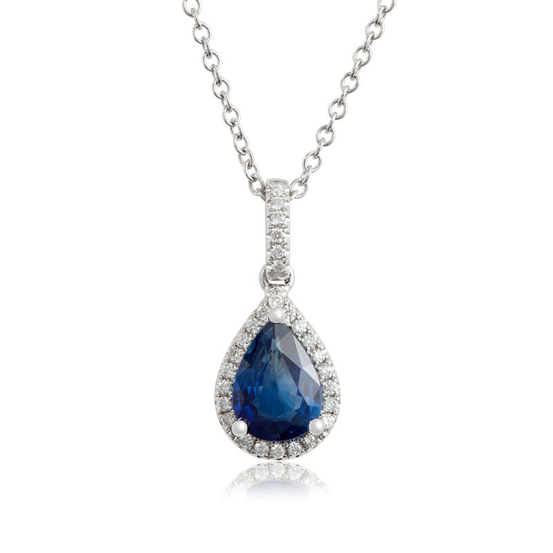 Pear Sapphire & Diamond Halo Drop Necklace 14K image number 0