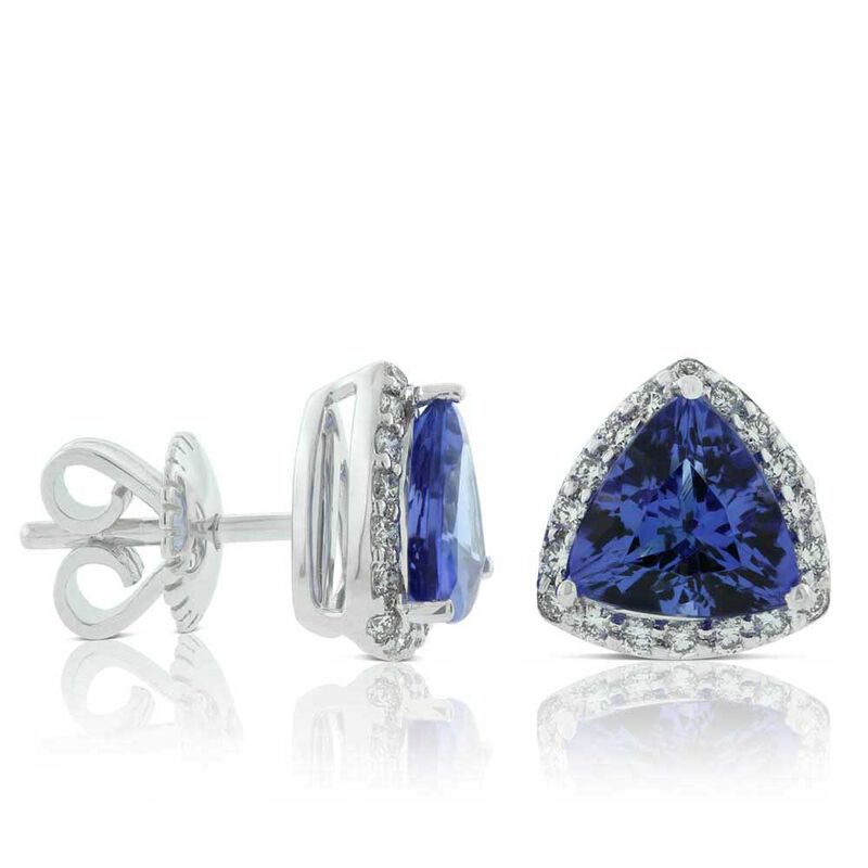Trillion Cut Tanzanite & Diamond Halo Stud Earrings 14K image number 1