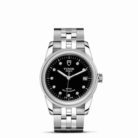 TUDOR Glamour Date Watch Steel Case Black Dial Steel Bracelet, 36mm