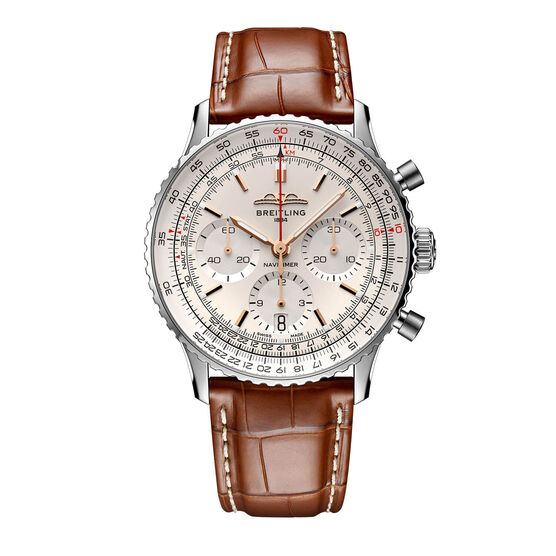 Breitling Navitimer B01 Chronograph Watch Steel Case Silver Dial Brown Leather Strap, 41mm