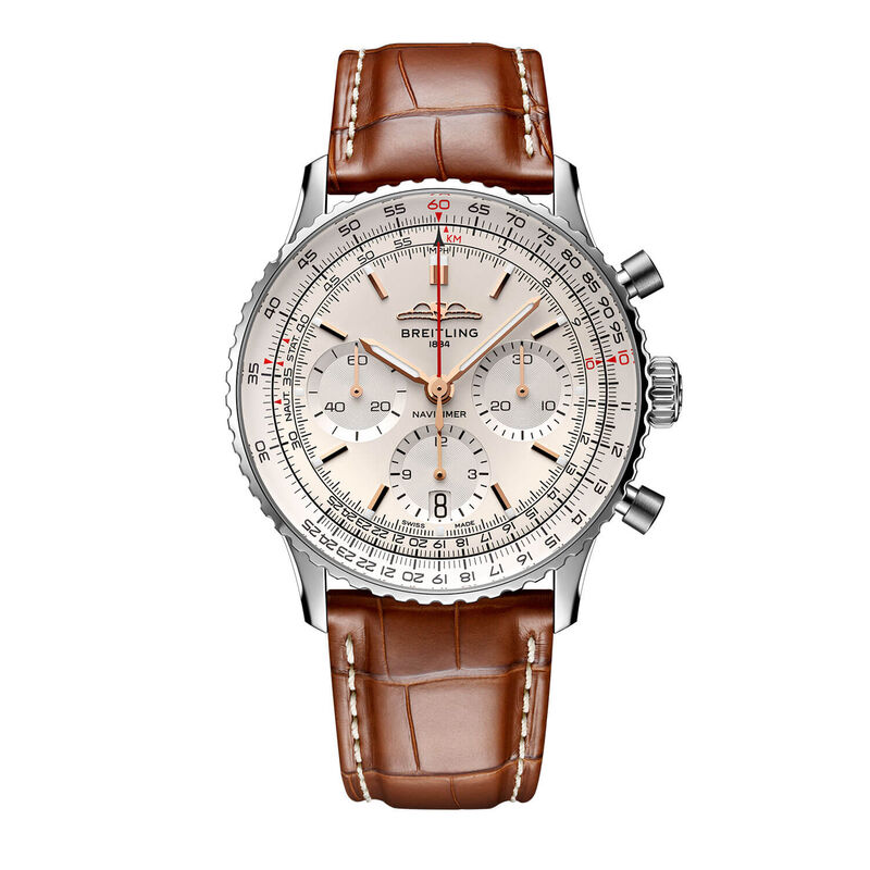 Breitling Navitimer B01 Chronograph Watch Steel Case Silver Dial Brown Leather Strap, 41mm image number 1