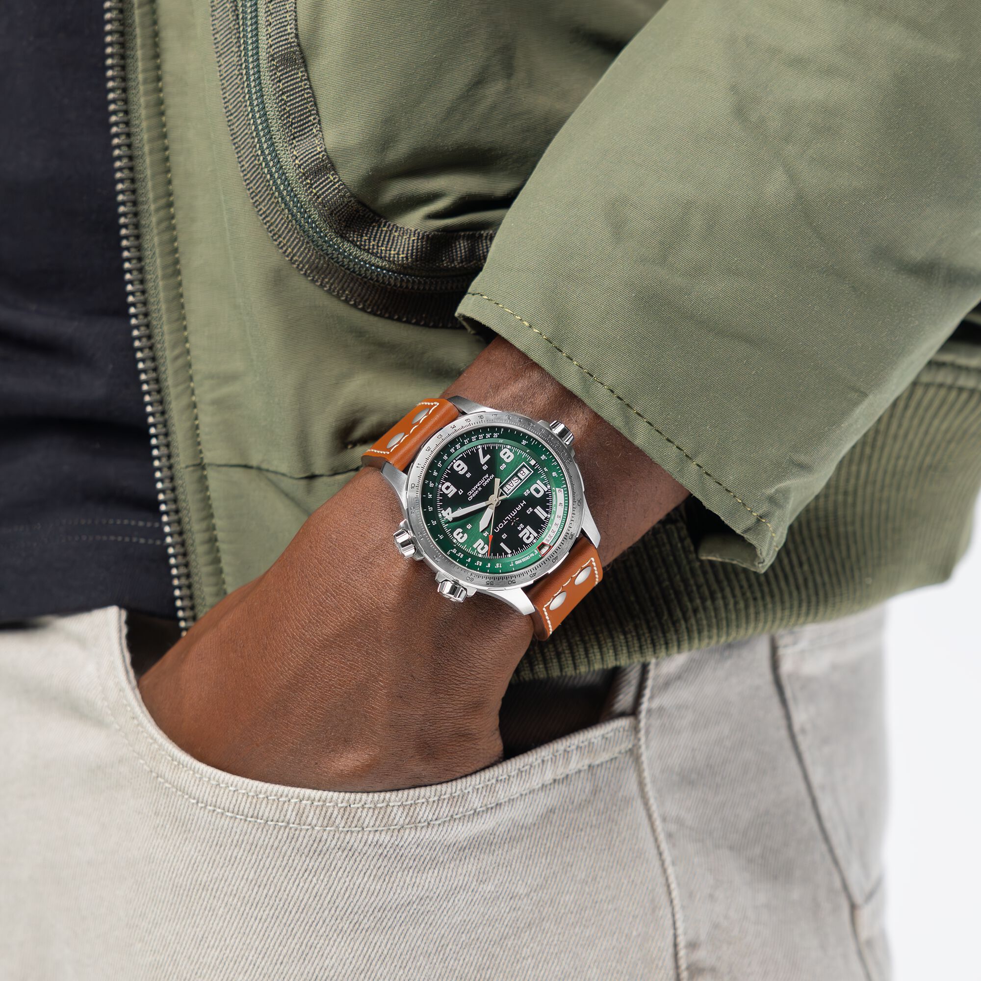 Hamilton Khaki Aviation X-Wind Day Date Auto Green Dial Watch, 45mm