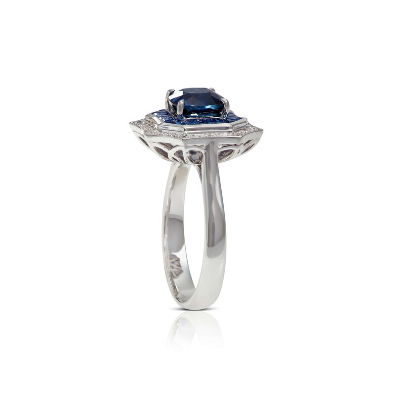 Square & Baguette Sapphire & Diamond Halo Ring 14K image number 1