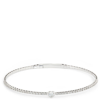 Classic Diamond Bangle with Heart Shaped Center, &frac12; Carat Total Weight, 14K White Gold