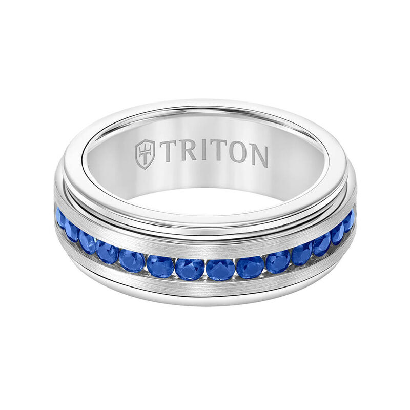 TRITON Stone Comfort Fit Sapphire Band in White Tungsten, 8 mm image number 1