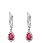 Pear Ruby & Diamond Halo Drop Earrings 14K