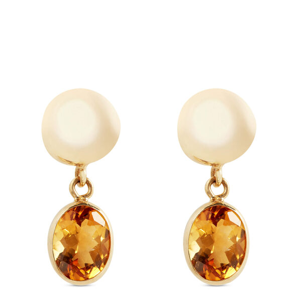 Button Top Oval Citrine Drop Earrings, 14K Yellow Gold