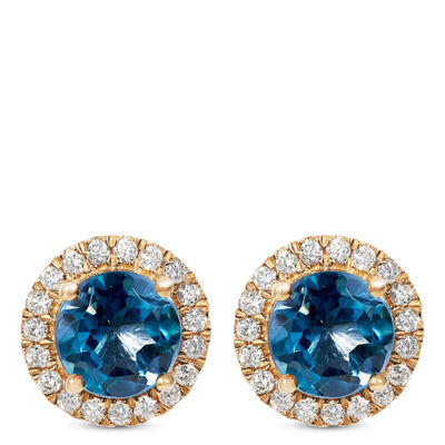 Round Cut London Blue Topaz and Diamond Halo Earrings, 14K Yellow Gold